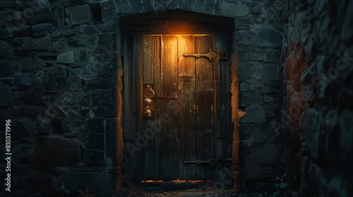 Close-up of an ancient wooden door within a dungeon wall  glowing subtly in the darkness  to convey a mystical nightmare concept