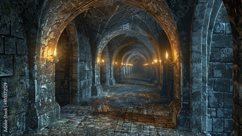 Close-up 3D illustration of fantasy medieval dungeon architecture, detailed stone arches and torch-lit corridors
