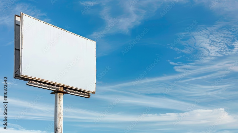 Blank marketing signboard, bright and empty against the blue afternoon sky, ideal for advertisement and mockup templates Blank marketing signboard, bright and empty against the blue afternoon sky, ideal for advertisement and mockup templates