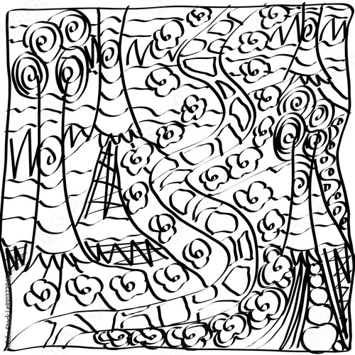 Hand Drawn Path with Trees and flowers. Park outline design