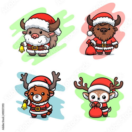 Cute bison and reindeer in santa uniform, for Christmas celebration. cute stickers for advertising and content creation