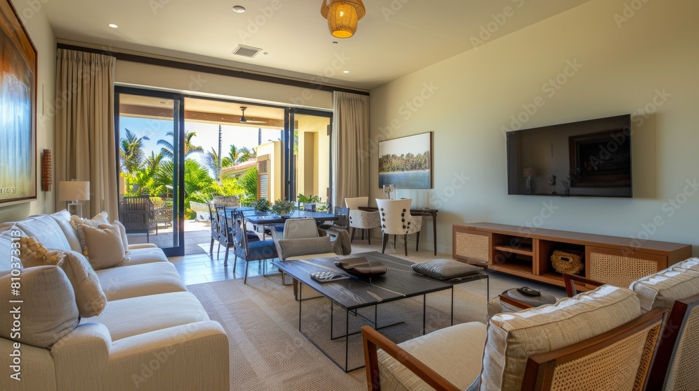 A view of the living room from the dining room. The living room has a beige wall, and it is furnished with a sofa, coffee table, and armchairs. The sofa is facing the television A view of the living room from the dining room. The living room has a beige wall, and it is furnished with a sofa, coffee table, and armchairs. The sofa is facing the television