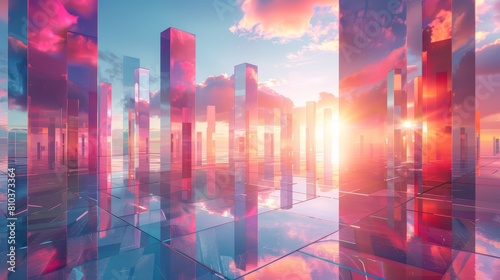 Abstract and futuristic business scene with reflective geometric forms, glowing under a radiant pink sky