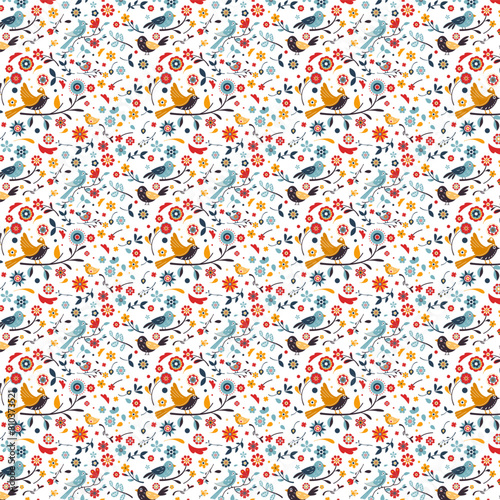Cute seamless pattern with birds and flowers, colorful, suitable for cover patterns, such as gift covers and wall backgrounds