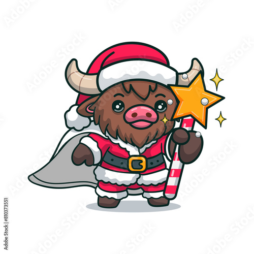 Cute bison in santa uniform holding magic wand with stars, for Christmas celebration. bull in xmas costume, funny stickers for advertising, and creative content