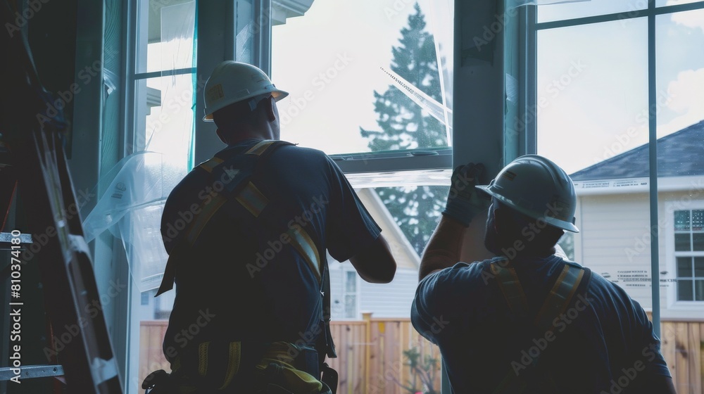 A wide shot of a group of workers installing a window. They are all working together and are communicating effectively. A wide shot of a group of workers installing a window. They are all working together and are communicating effectively.