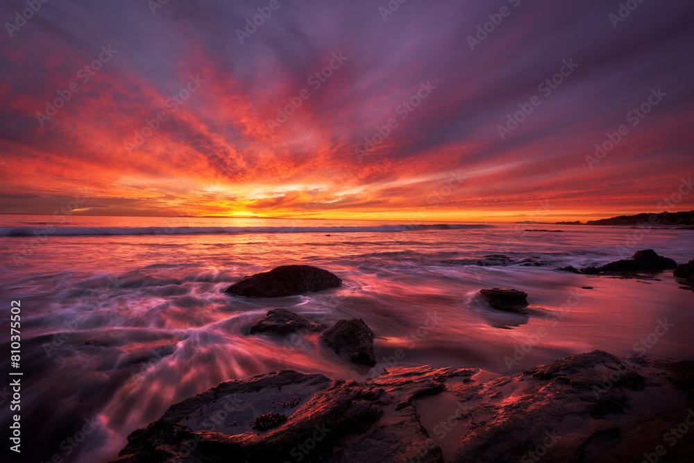Majestic sunset over rocky shoreline