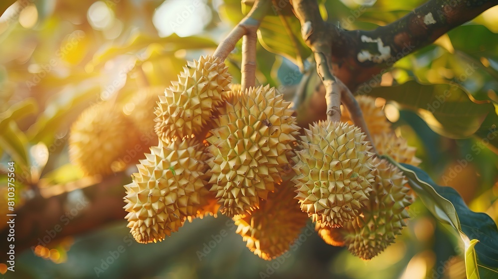 Close-up of Mon Thong durians on the tree, ready for harvest, with each spike and green leaf sharply defined against a serene, natural background Close-up of Mon Thong durians on the tree, ready for harvest, with each spike and green leaf sharply defined against a serene, natural background