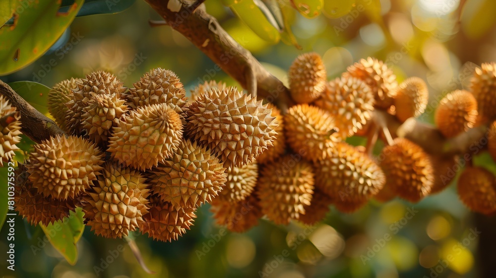 Durian fruits of Mon Thong variety crowding the branches, ready for picking, each fruit detailed in its spikes against a lush jungle background Durian fruits of Mon Thong variety crowding the branches, ready for picking, each fruit detailed in its spikes against a lush jungle background
