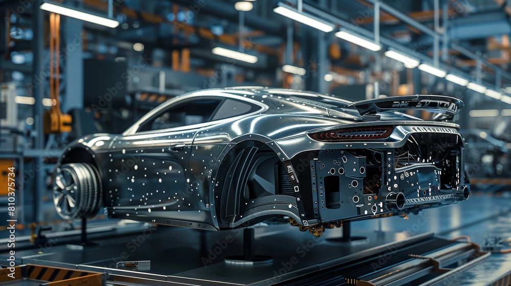 Detailed view of a car's body being assembled on an advanced assembly line in a high-tech factory, emphasizing precision Detailed view of a car's body being assembled on an advanced assembly line in a high-tech factory, emphasizing precision
