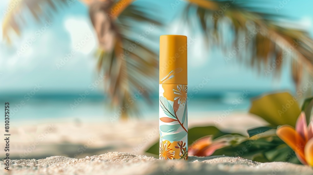 Detailed view of an SPF lip balm tube with realistic illustrations, beach blurred softly in the background, emphasizing sun protection