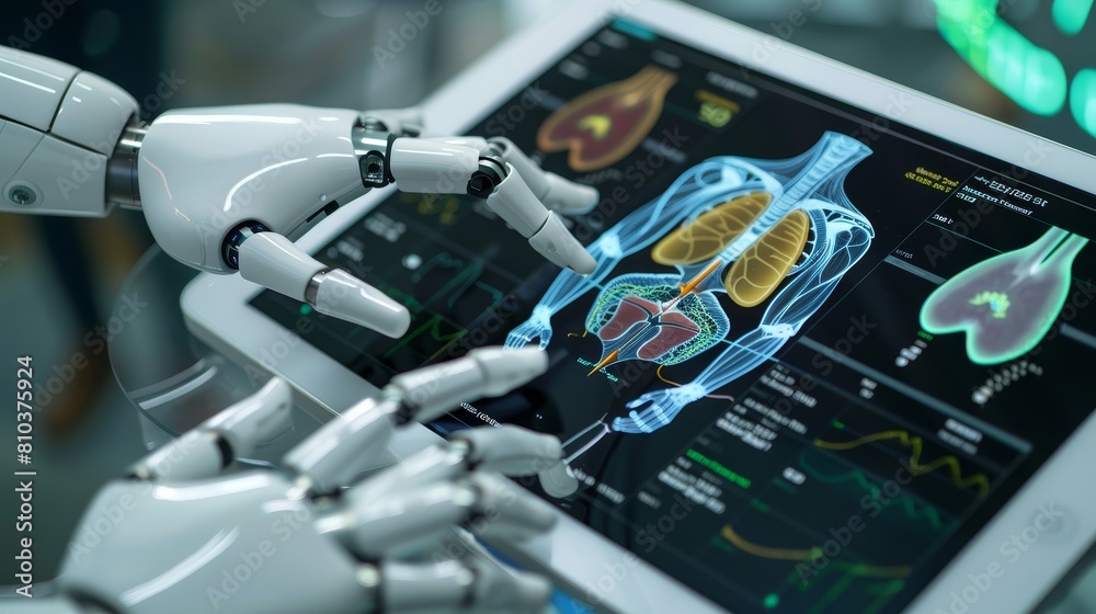 Fototapeta premium Detailed shot of robotic hands interacting with an iPad screen, displaying liver disease diagnostics in a digital medical record