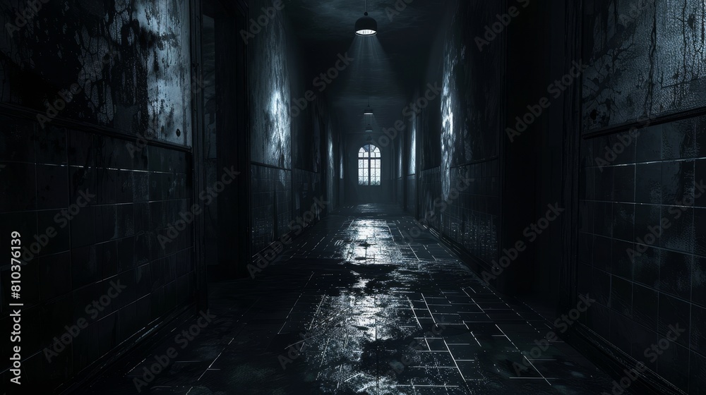 Detailed shot of a footpath through a dim school corridor, leading to a shadowy dungeon, with a surreal nightmare quality Detailed shot of a footpath through a dim school corridor, leading to a shadowy dungeon, with a surreal nightmare quality