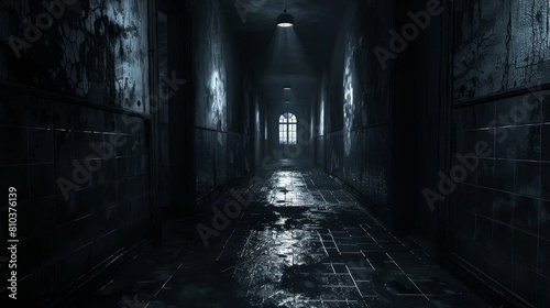Detailed shot of a footpath through a dim school corridor, leading to a shadowy dungeon, with a surreal nightmare quality