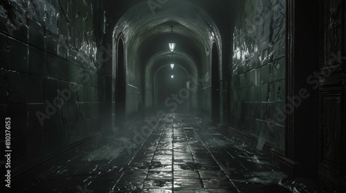Detailed shot of a footpath through a dim school corridor  leading to a shadowy dungeon  with a surreal nightmare quality