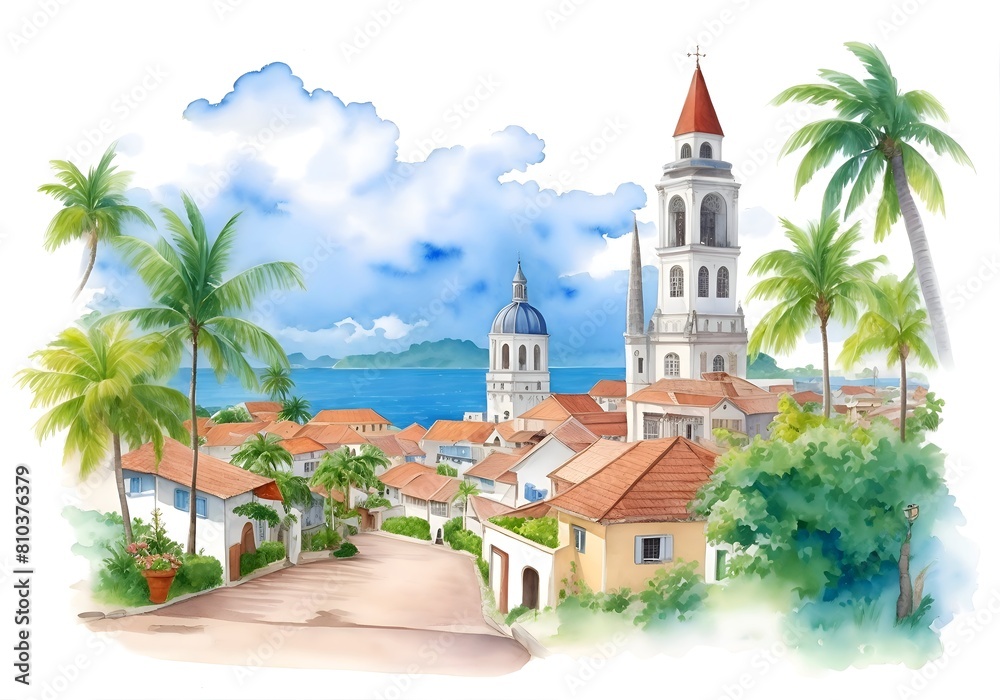 Naklejka premium Qatar Country Landscape Watercolor Illustration Art