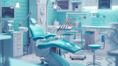 Detailed low-poly teeth treatment illustration  highlighting the modern equipment in an innovative dental clinic