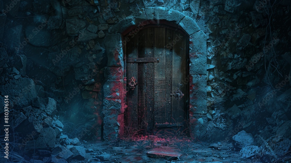 Detailed illustration of a mystical wooden dungeon door, surrounded by rugged stone and a haunting, nightmare-like atmosphere
