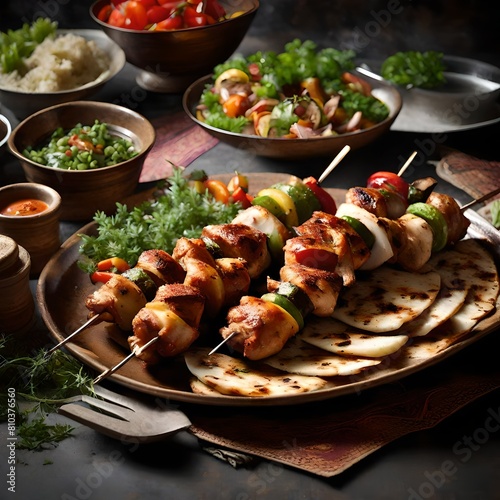 ciken tikka with salad and raita.
 photo