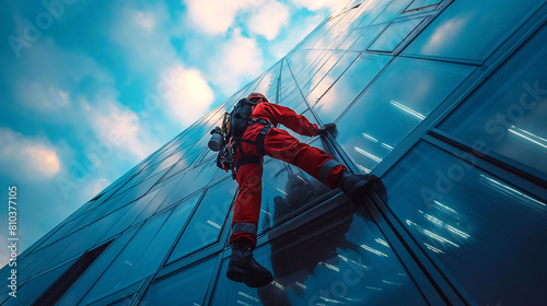A professional industrial climber washes glass windows on a tall building photo