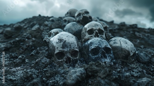 Close-up of a pile of skulls on a barren dirt hill, the composition and lighting conjuring a dark mystical nightmare concept photo