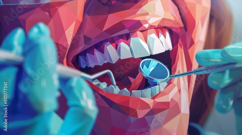 Close-up of a low-poly style teeth treatment illustration, showing a dental professional performing whitening at an innovative clinic photo