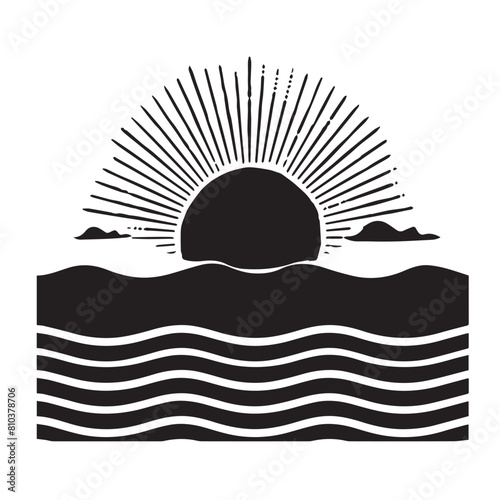 Sunrise with sea in cartoon  doodle style . Image for t-shirt  web  mobile apps and ui. Isolated 2d vector illustration in logo  icon  sketch style  Eps 10  black and white. AI Generative