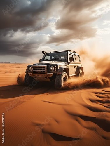 Off-road vehicle running through desert sand
