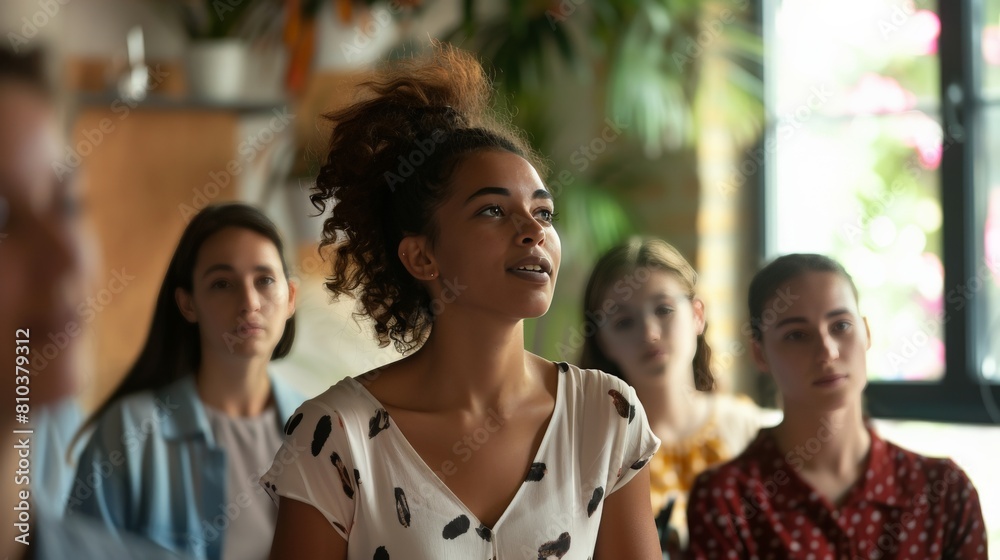 Obraz premium A young woman giving a presentation to her colleagues, her face animated and her voice confident. The team is listening attentively, and their faces are engaged and interested.