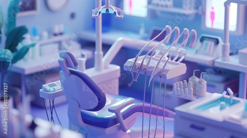 Innovative dental clinic scene in low-poly style  featuring close-up teeth whitening treatment with advanced equipment