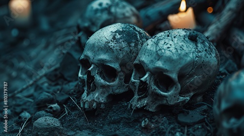 Haunting close-up of skulls in a pile on a dirt hill, the composition creating a mystical nightmare aesthetic, highlighted under dim lighting
