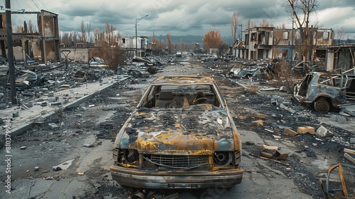 Focused image of a city laid to ruin, roads littered with burnt vehicles, buildings reduced to rubble in this apocalyptic scene