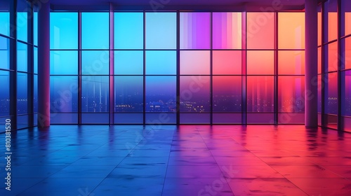 Modern colorful view of window frame. Abstract view of a building with huge windows. Minimal city view at night. Backdrop wallpaper.
 photo