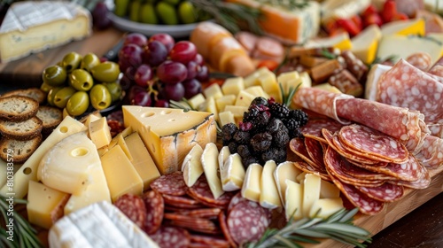 cheese board with a lot of variety with fruits and ham
