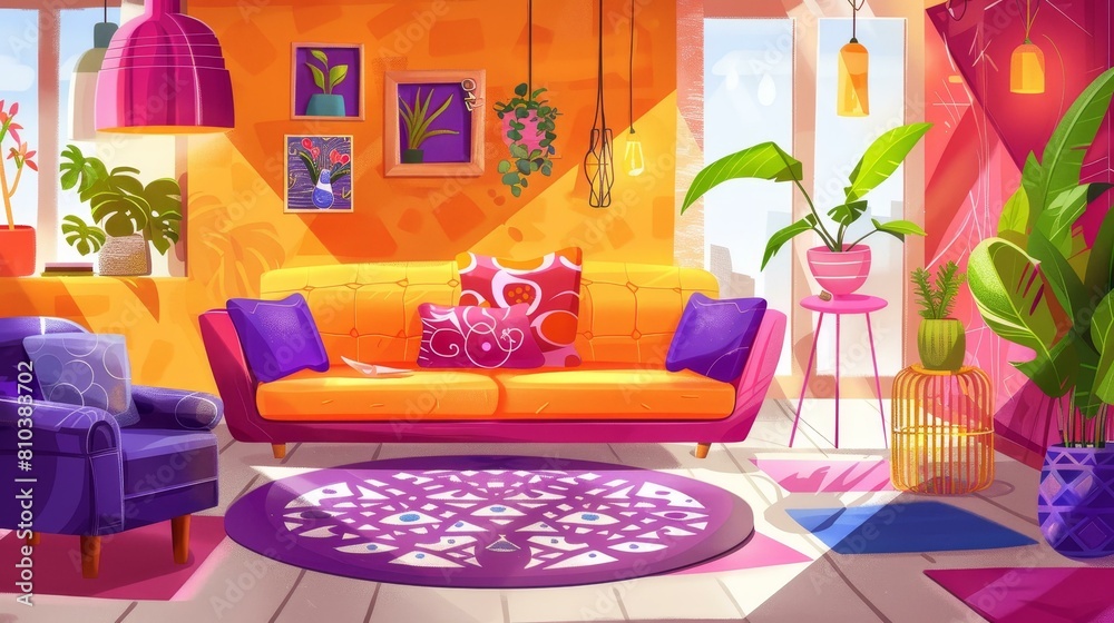 Vibrant room design with intensely colored furniture and decor, Ai Generated Vibrant room design with intensely colored furniture and decor, Ai Generated