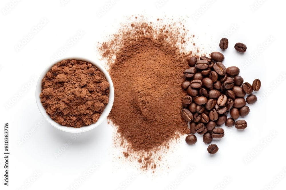 Pile of powder instant coffee and beans isolated on white background top view Pile of powder instant coffee and beans isolated on white background top view