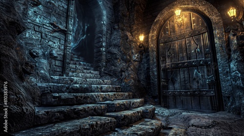 Intricate 3D close-up of a fantasy dungeon  featuring stone stairs leading to ancient wooden doors  under torchlight