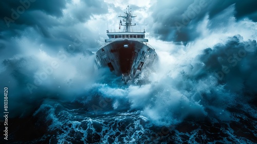 Intimate view of a ship's hull submerging into the ocean, turbulent waves engulfing the sinking vessel photo
