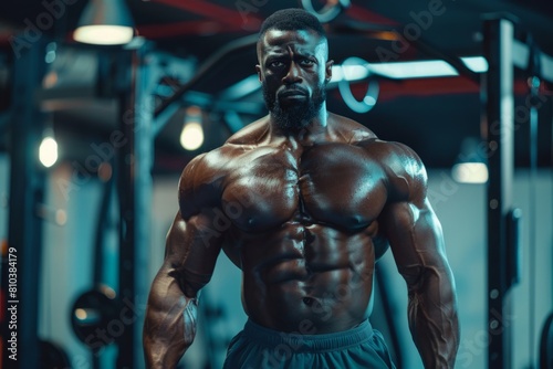 Afro-American muscular man with a naked torso looks at the camera against the backdrop of the fitness room