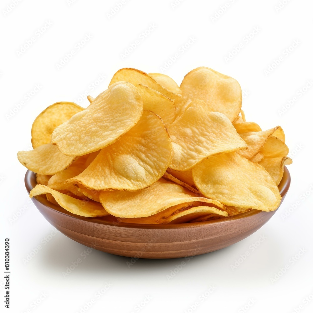 A closeup view of crispy golden chips on a pristine white background, Ai Generated A closeup view of crispy golden chips on a pristine white background, Ai Generated