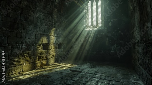 Intimate view of a medieval dungeon in a castle, where a beam of light breaks through the darkness, highlighting the rugged stone textures