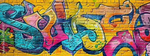 Graffiti street art design with colorful letters on a yellow brick wall background.