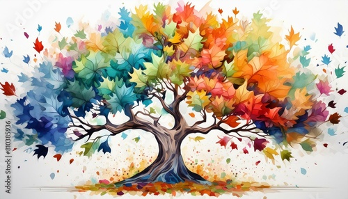 Beautiful tree with colorful leaves  watercolor on canvas  white background  large canvas  wall painting