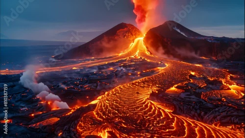 Tremendous lava spews from an active, erupting volcano photo