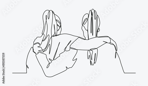 two women embracing each other. back view. concept of friendship, relationship, best friend. editable stroke. continuous line drawing style illustration.