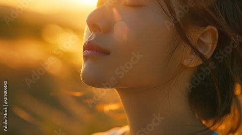The woman closes her eyes again and takes a few deep breaths. She focuses on the feeling of the air entering and leaving her lungs. She feels her mind clearing and her body relaxing.