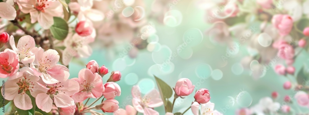 spring apple blossoms on a pastel background banner, in pink and mint green colors.
