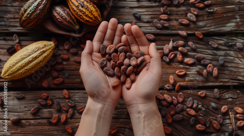 Human hands holding cocoa beans photo