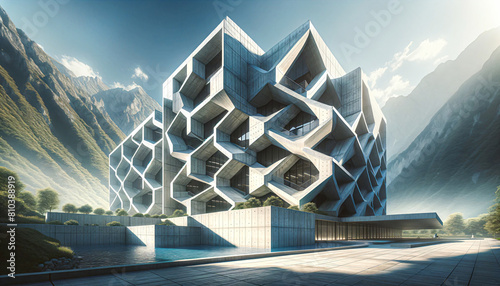 Low angle view of large ultra-modern building with fractal geometry and concrete, located in a mountainous landscape. Deconstructivist Architecture. photo