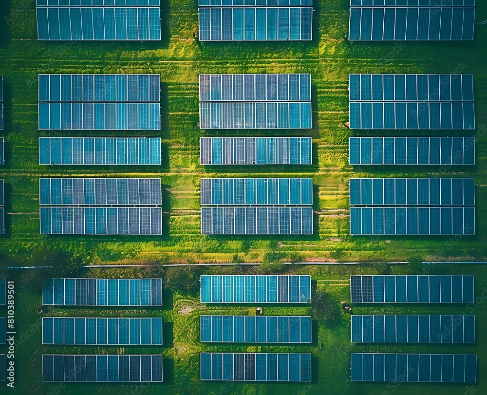 Aerial view of a solar power plant with blue panels on a green field Aerial view of a solar power plant with blue panels on a green field